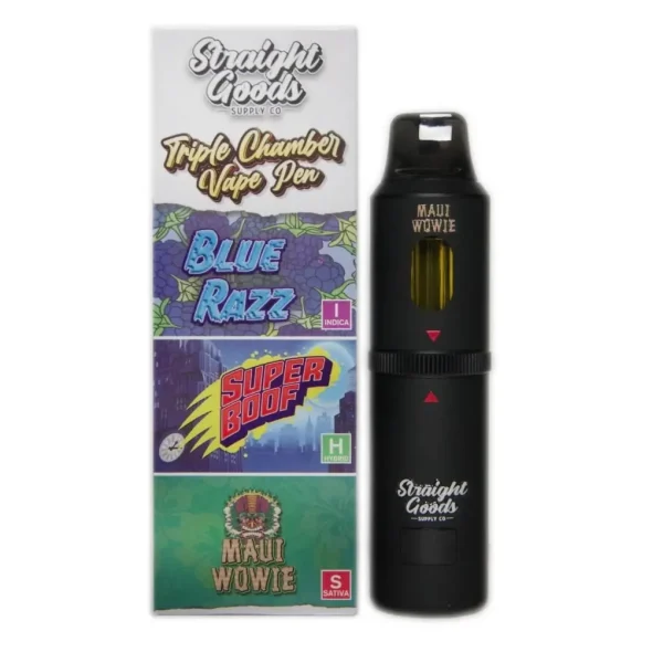 STRAIGHT GOODS TRIPLE CHAMBER VAPE – BLUE RAZ + SUPER BOOF + MAUI WOWIE (9 GRAM)