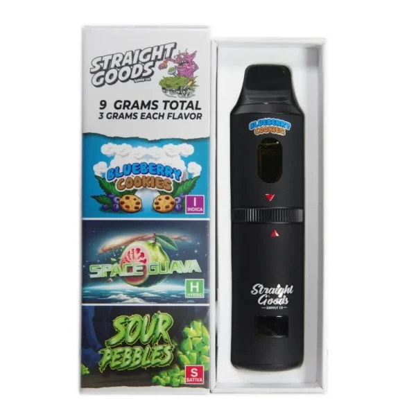STRAIGHT GOODS TRIPLE CHAMBER VAPE – BLUEBERRY COOKIES + SPACE GUAVA + SOUR PEBBLES (9 GRAM)