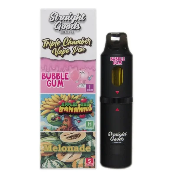 STRAIGHT GOODS TRIPLE CHAMBER VAPE – BUBBLE GUM + APPLES AND BANANA + MELONADE (9 GRAM)