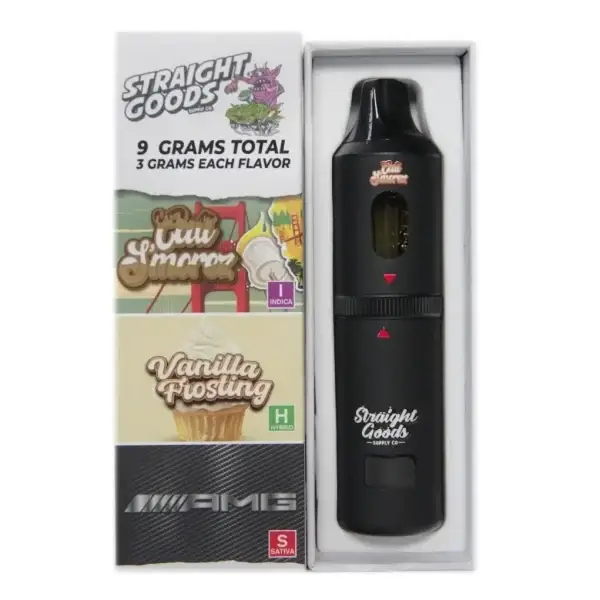 STRAIGHT GOODS TRIPLE CHAMBER VAPE – CALI S’MORES + AMG + VANILLA FROSTING (9 GRAM)