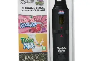 STRAIGHT GOODS TRIPLE CHAMBER VAPE – CHERRY KOOL AID + JACK HERER + TRICKS MILK (9 GRAM )