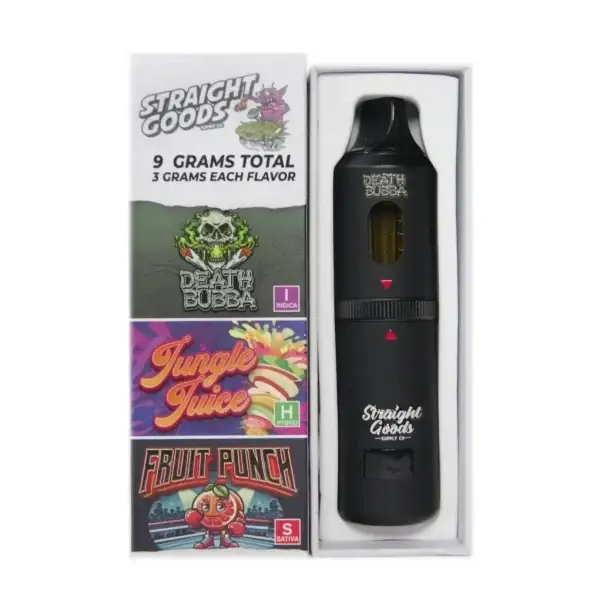 STRAIGHT GOODS TRIPLE CHAMBER VAPE – DEATH BUBBA + FRUIT PUNCH + JUNGLE JUICE (9 GRAM)