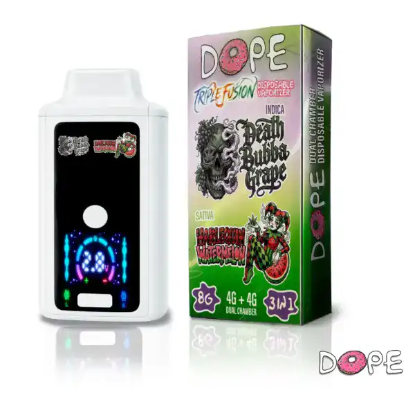 DOPE-Disposable-TRIPLE-FUSION-8g-Death-Bubba-Indica-Grape-x-Harlequin-Sativa-Watermelon-scaled DOPE DISPOSABLE VAPE LIVE RESIN X LIQUID DIAMOND – DEATH BUBBA GRAPE X HARLEQUIN WATERMELON (8 GRAM)