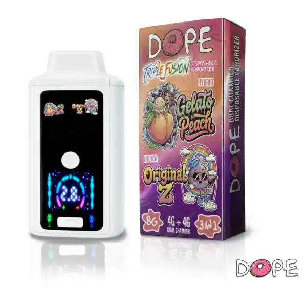 DOPE-Disposable-TRIPLE-FUSION-8g-Gelato-Hybrid-Peach-x-Original-Z-Indica-scaled DOPE DISPOSABLE VAPE LIVE RESIN X LIQUID DIAMOND – GELATO PEACH X ORIGINAL Z (8 GRAM)