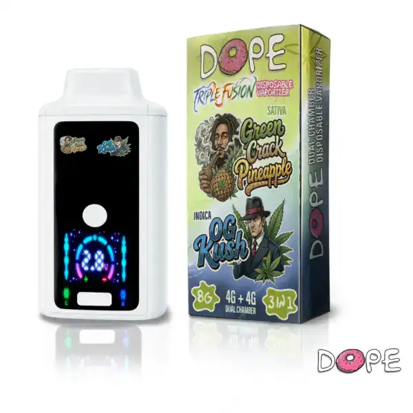 DOPE-Disposable-TRIPLE-FUSION-8g-Green-Crack-Sativa-Pineapple-x-OG-Kush-Indica-scaled DOPE DISPOSABLE VAPE LIVE RESIN X LIQUID DIAMOND – GREEN CRACK PINEAPPLE X OG KUSH (8 GRAM)