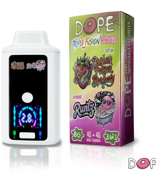 DOPE-Disposable-TRIPLE-FUSION-8g-Durban-Poison-Sativa-Strawberry-x-Runtz-Hybrid-Runtz-scaled