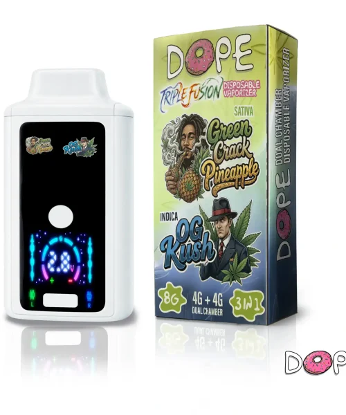 DOPE-Disposable-TRIPLE-FUSION-8g-Green-Crack-Sativa-Pineapple-x-OG-Kush-Indica-scaled